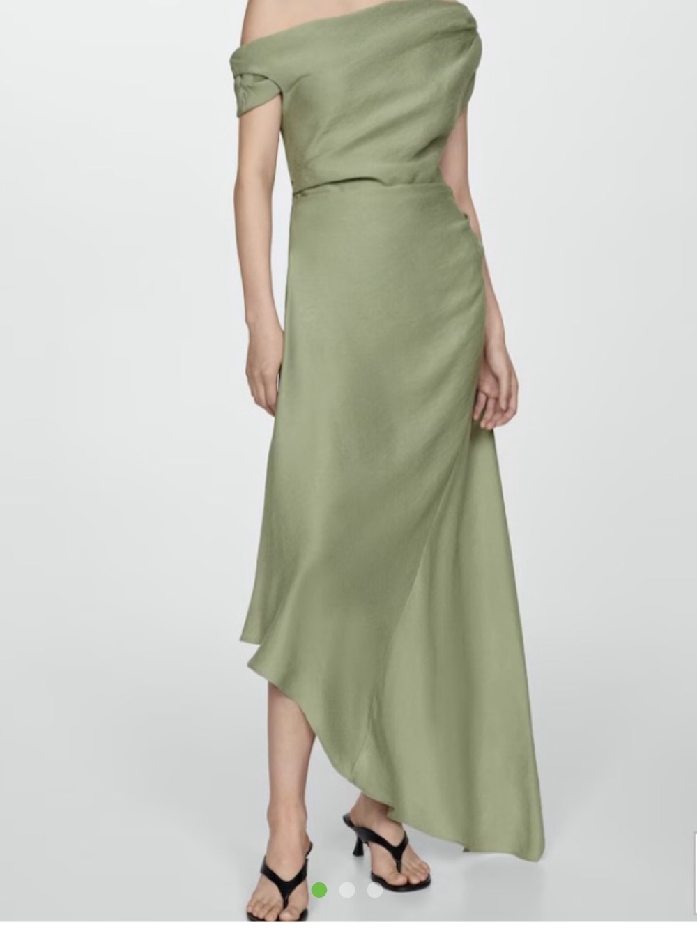 Mango One-Shoulder Olive Green Linen Dress